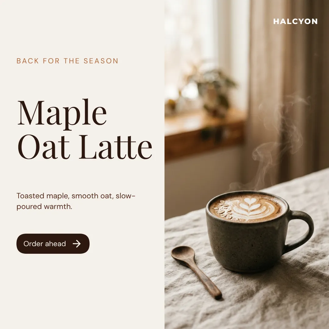 Halcyon Coffee announcement post designed in Krumzi, on the café's brand colors and fonts