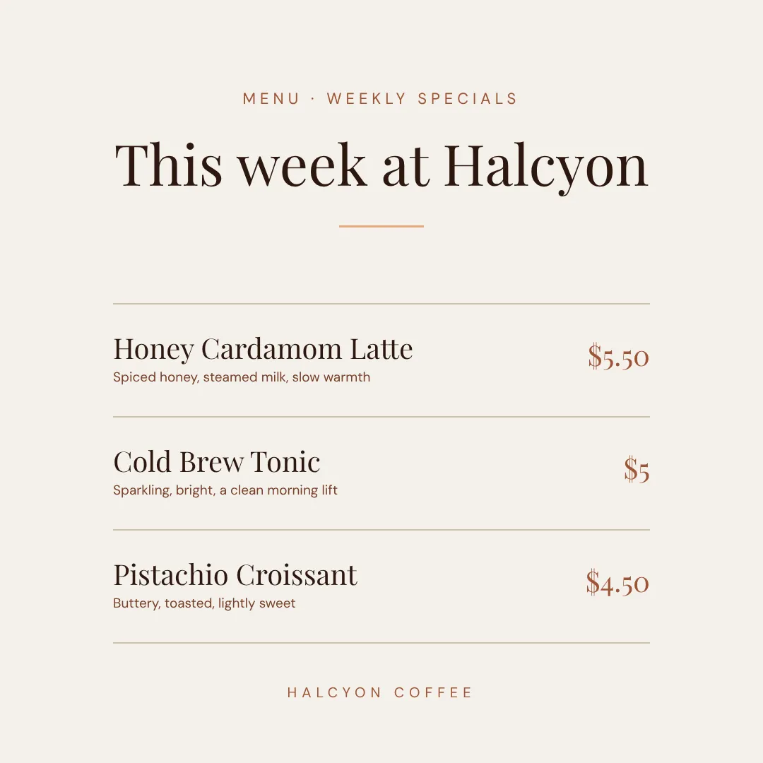 Halcyon Coffee weekly menu graphic designed in Krumzi